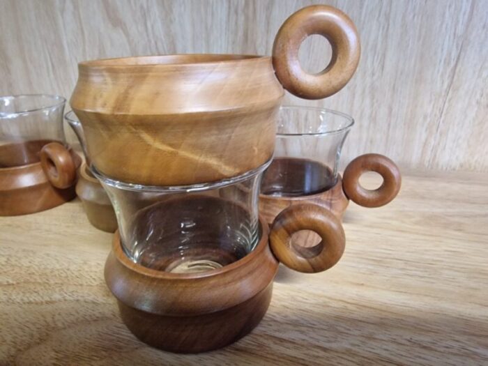 vintage cups in teak set of 6 2