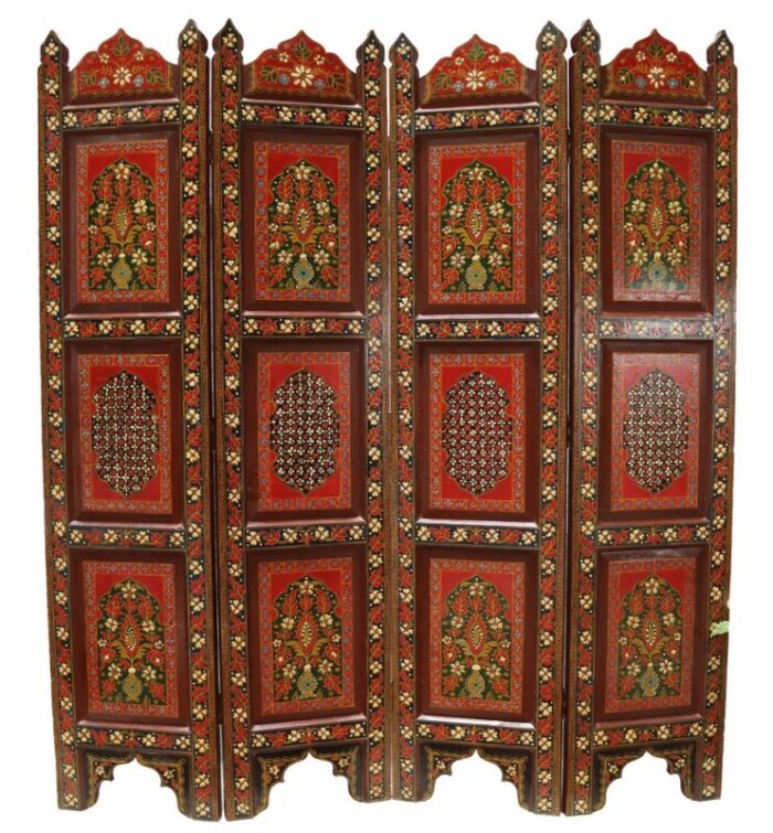 vintage double sided hand painted room divider in teak 1980s 1