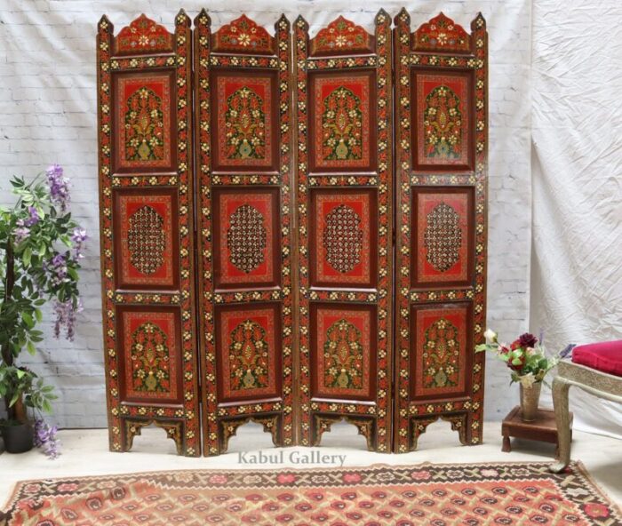 vintage double sided hand painted room divider in teak 1980s 3