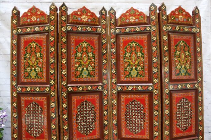 vintage double sided hand painted room divider in teak 1980s 4