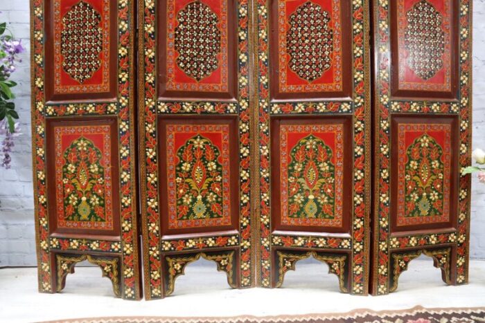 vintage double sided hand painted room divider in teak 1980s 5