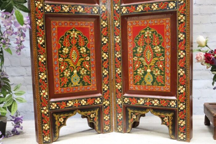 vintage double sided hand painted room divider in teak 1980s 8