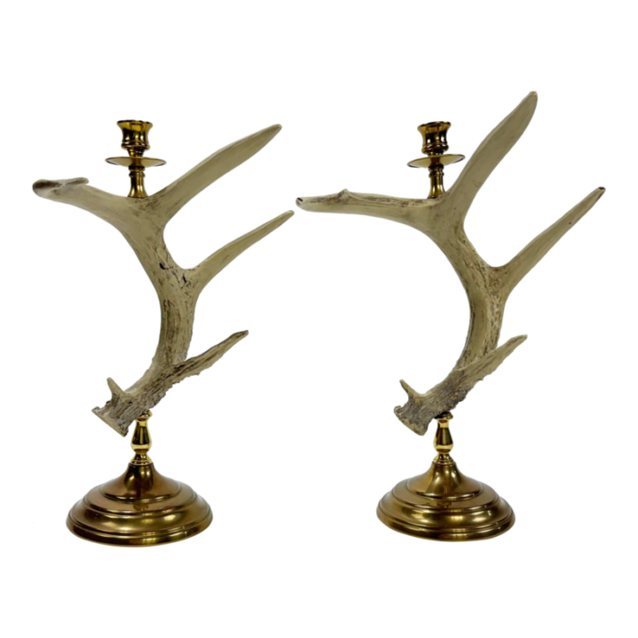 vintage faux antler candleholders on brass bases a pair 3471