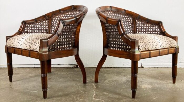 vintage faux bamboo caned barrel chairs with linen antelope upholstery pair 3182