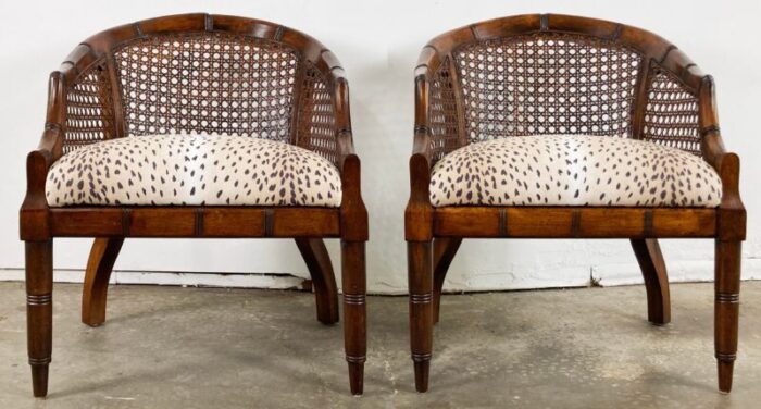 vintage faux bamboo caned barrel chairs with linen antelope upholstery pair 4743