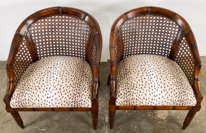 vintage faux bamboo caned barrel chairs with linen antelope upholstery pair 7134