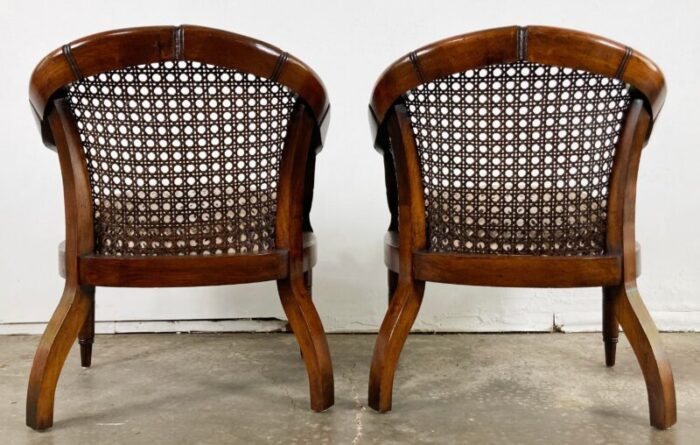 vintage faux bamboo caned barrel chairs with linen antelope upholstery pair 8894