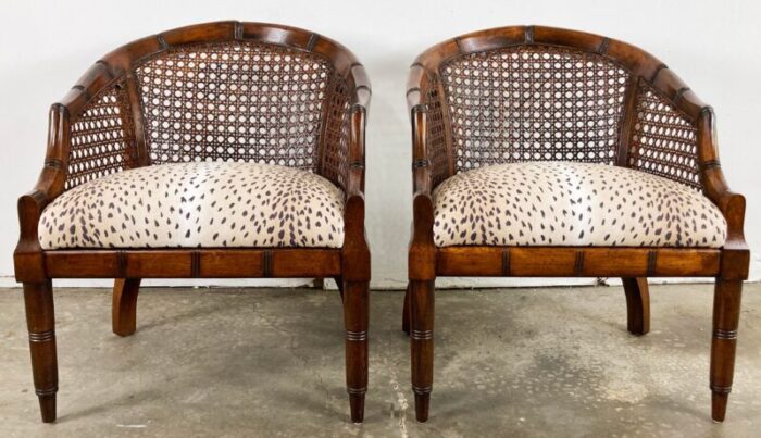 vintage faux bamboo caned barrel chairs with linen antelope upholstery pair 8912