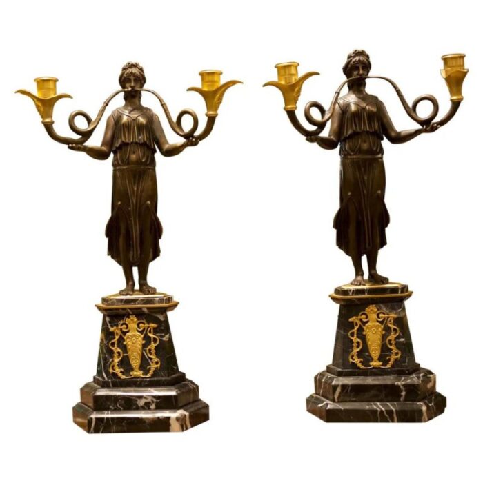 vintage french empire style candelabra in gilt and bronze set of 2 1