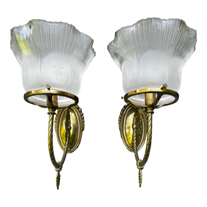 vintage gas style brass wall sconces with vintage frosted star cut shades a pair 5011