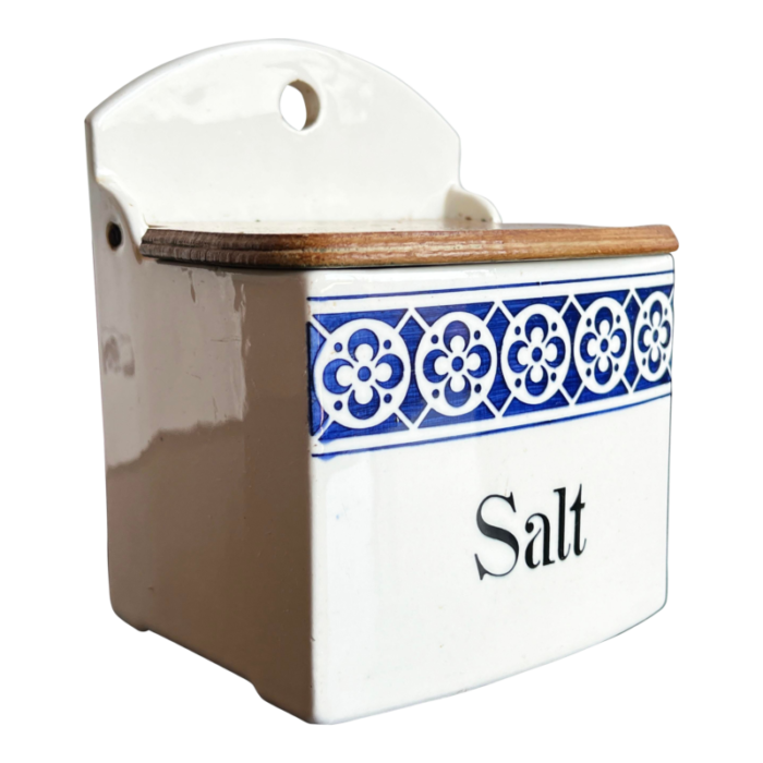 vintage german european rustic blue and white ceramic wall salt cellar 2365