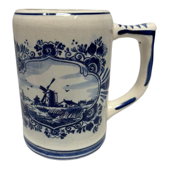 vintage hand painteddelft blue windmill and sailboat beer stein mug 0867