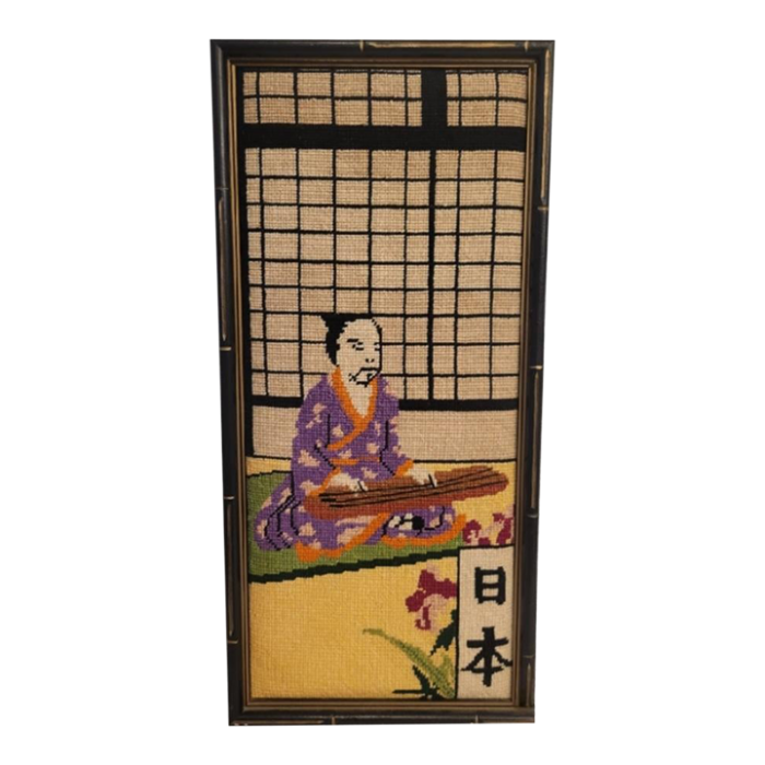 vintage handmade narrow chinoiserie purple yellow green japanese man needlepoint bamboo framed art 0826