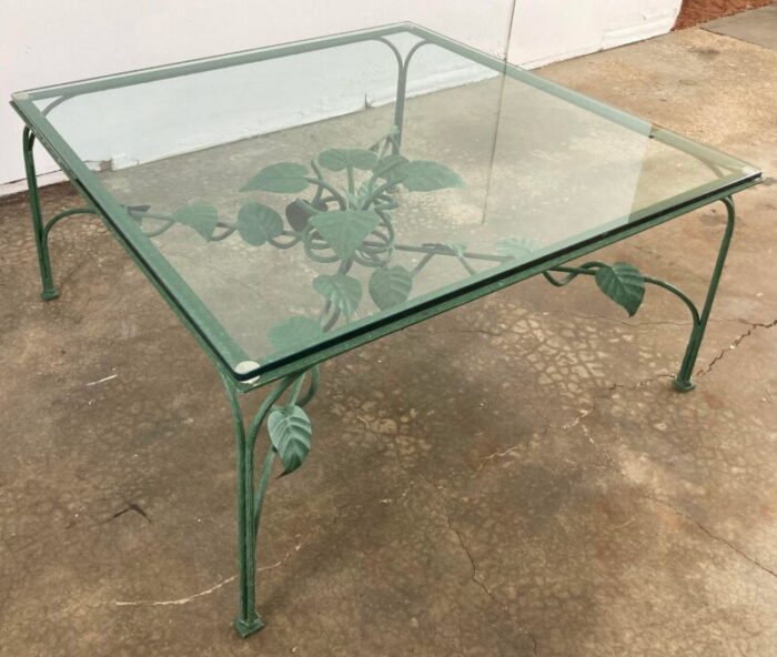 vintage iron green floral leaf motif glass top coffee table 1161