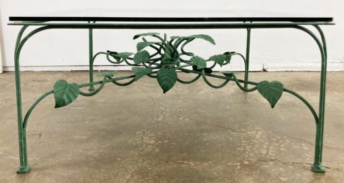 vintage iron green floral leaf motif glass top coffee table 2860