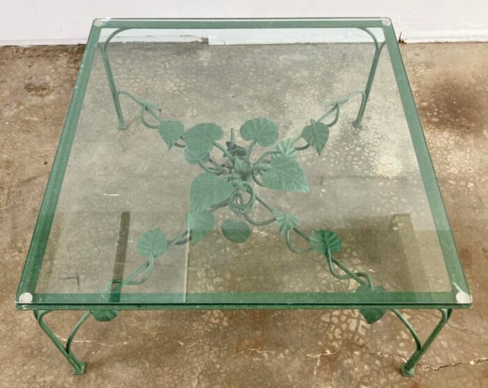 vintage iron green floral leaf motif glass top coffee table 3025