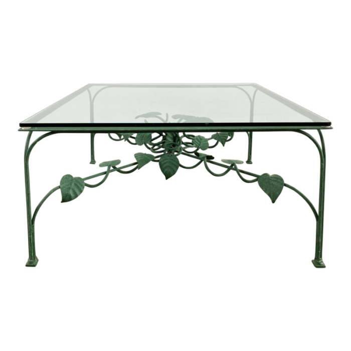 vintage iron green floral leaf motif glass top coffee table 3195