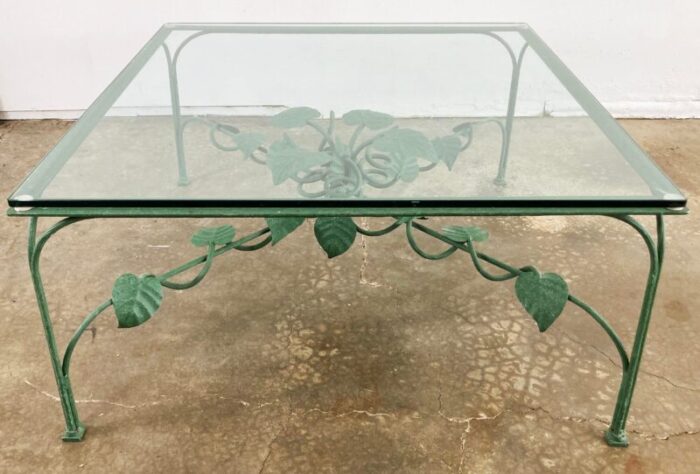 vintage iron green floral leaf motif glass top coffee table 6810