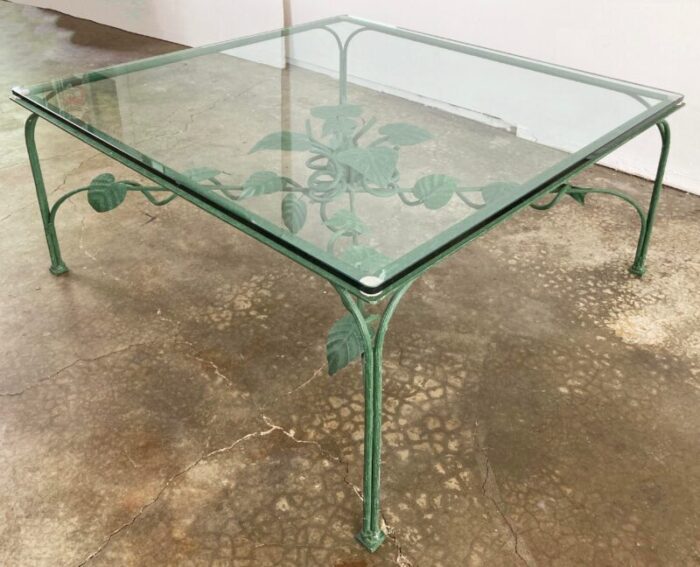 vintage iron green floral leaf motif glass top coffee table 7370