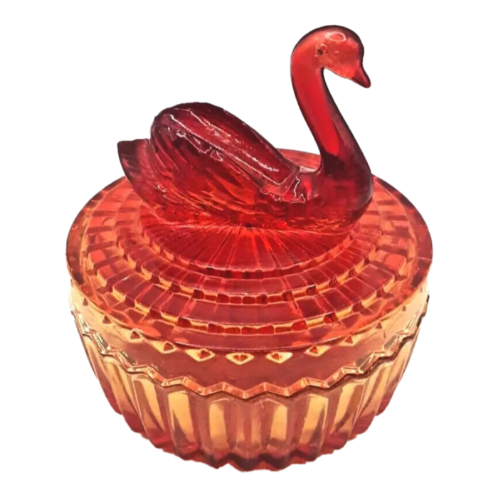 vintage jeannette amberina art glass swan covered powder dish 2676