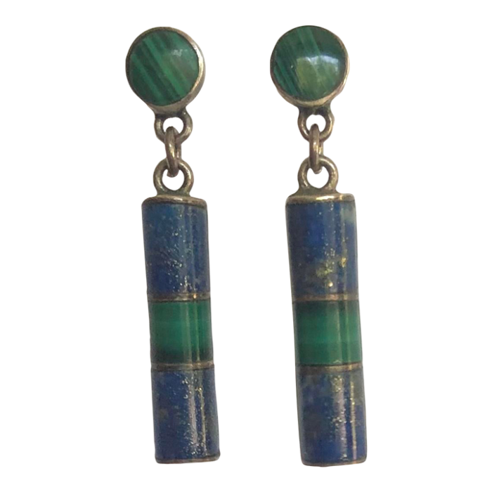 vintage lapis malachite and sterling silver dangle earrings 2 pieces 0182