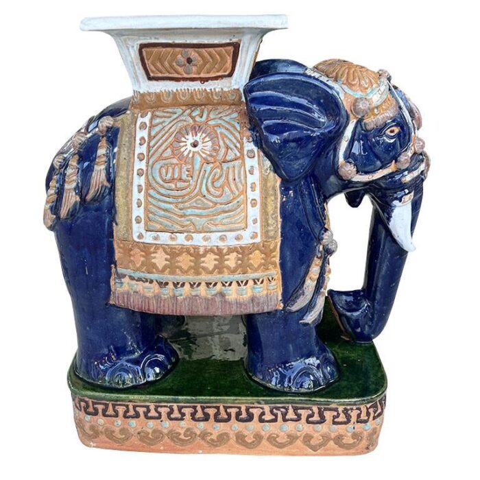 vintage large blue and green chinoiserie ceramic elephant garden stool 0878