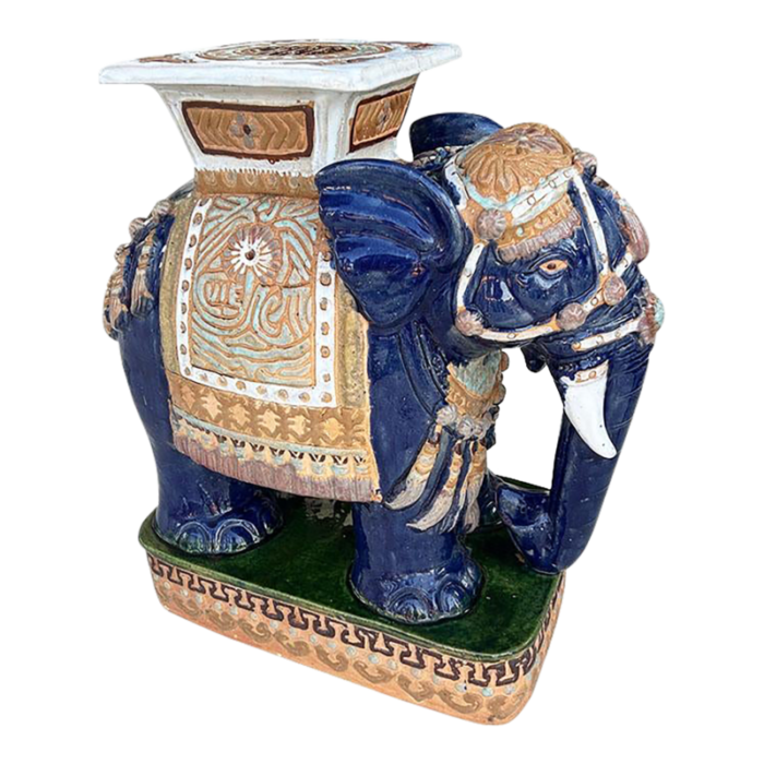 vintage large blue and green chinoiserie ceramic elephant garden stool 4200