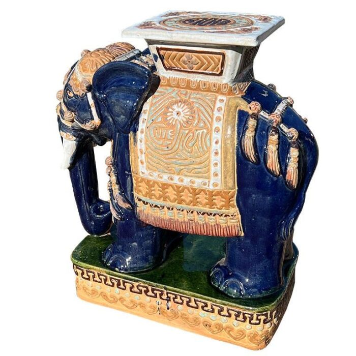 vintage large blue and green chinoiserie ceramic elephant garden stool 9679