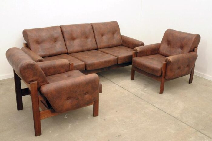 vintage leatherette living room set former czechoslovakia 1970s set of 3 0373