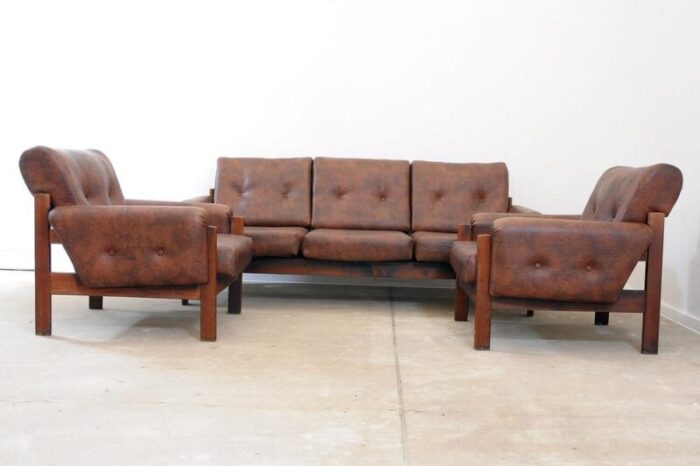 vintage leatherette living room set former czechoslovakia 1970s set of 3 7707