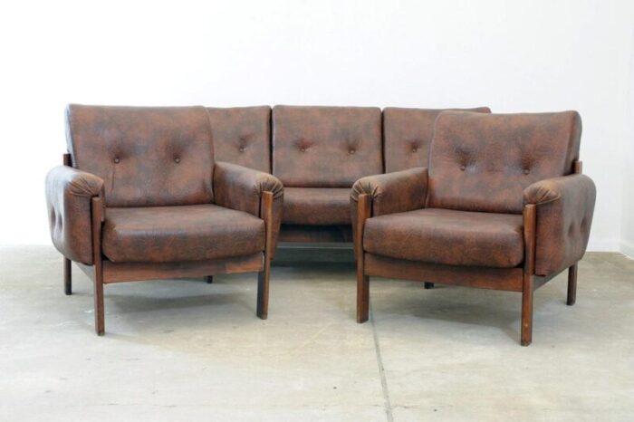 vintage leatherette living room set former czechoslovakia 1970s set of 3 9072