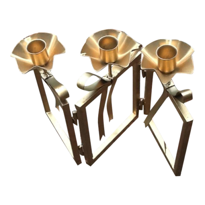 vintage mcm tri fold gold iron floral and bows candelabra 9755