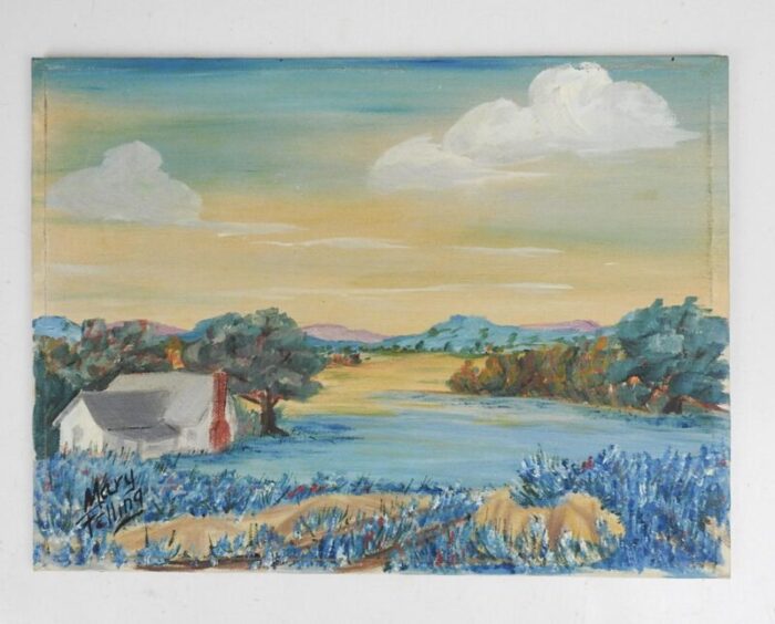 vintage mid 20th century folk art bluebonnet landscape painting 1330