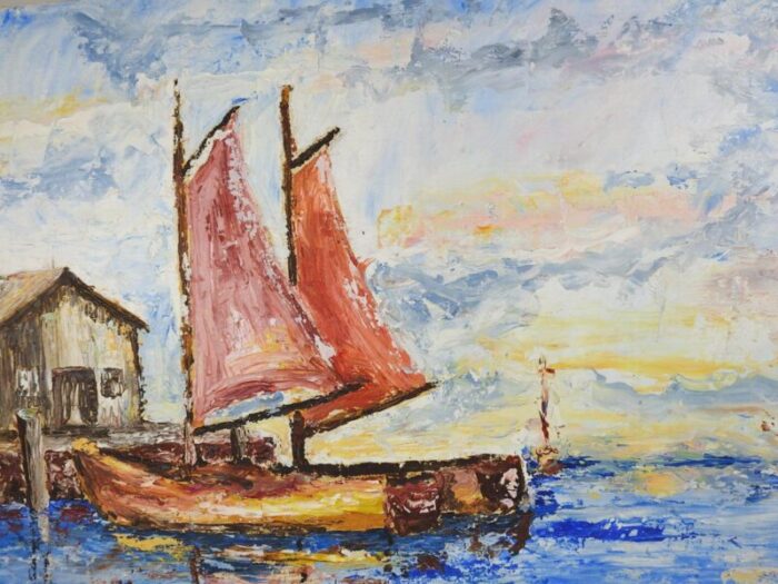 vintage mid 20th century sailboats in harbor modernist painting 0322