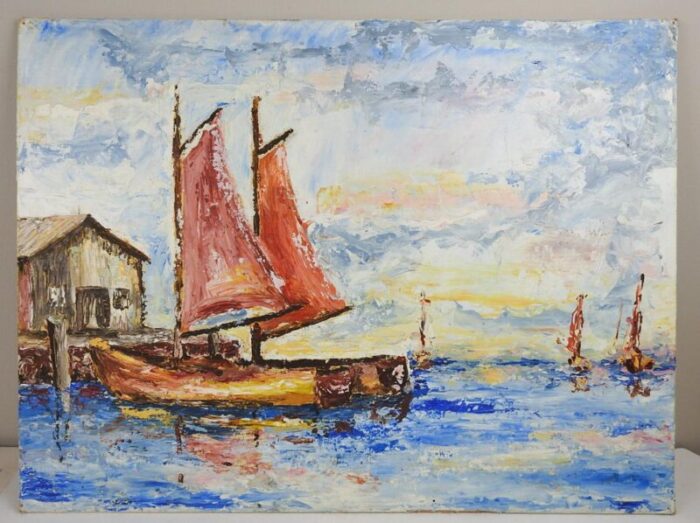 vintage mid 20th century sailboats in harbor modernist painting 5769