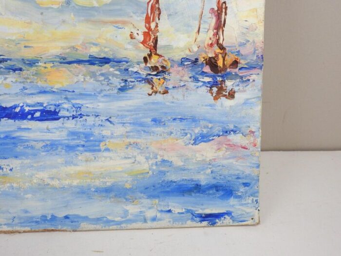 vintage mid 20th century sailboats in harbor modernist painting 6466