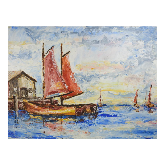 vintage mid 20th century sailboats in harbor modernist painting 7879