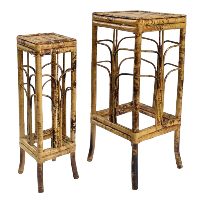 vintage mid century bamboo fern stands pedestals set of 2 4511