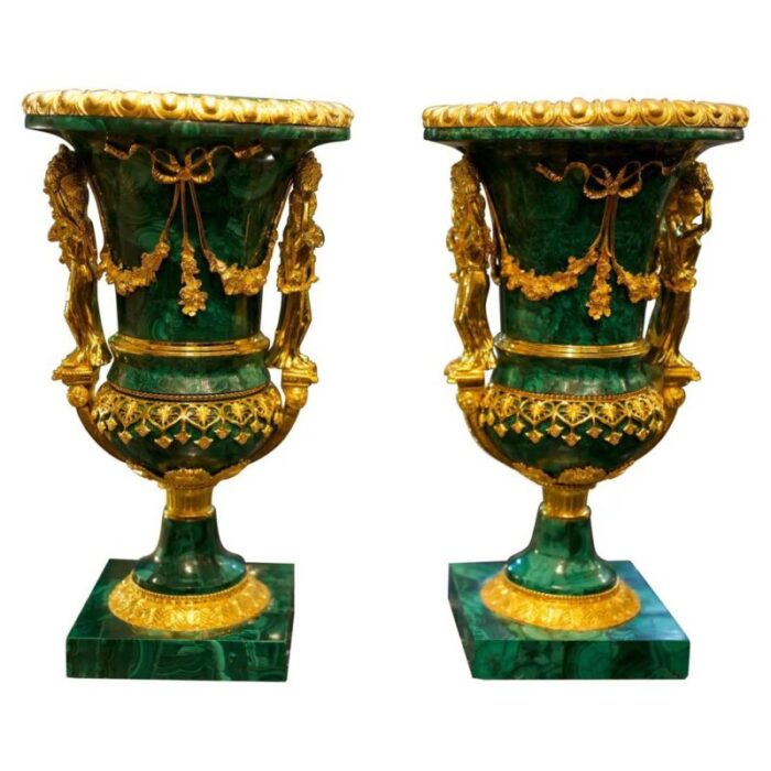 vintage monumental gilt bronze mounted malachite urns set of 2 1