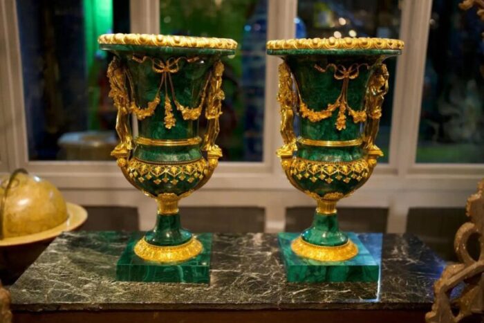 vintage monumental gilt bronze mounted malachite urns set of 2 2