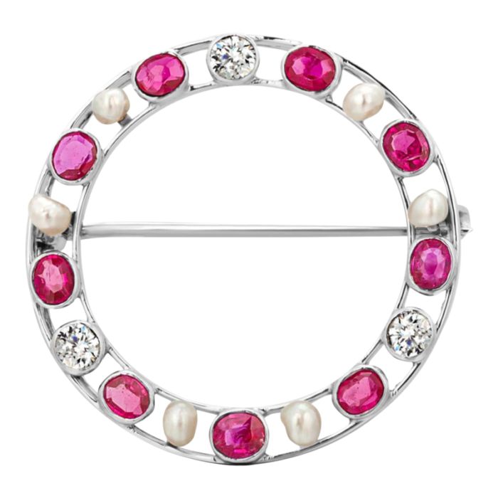 vintage platinum diamond burma rubies pearl circle 125 inch 14 karat gold clasp brooch 2694