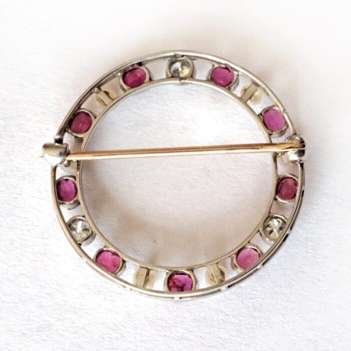 vintage platinum diamond burma rubies pearl circle 125 inch 14 karat gold clasp brooch 2978