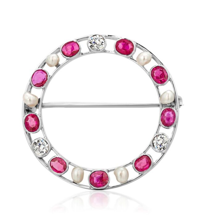 vintage platinum diamond burma rubies pearl circle 125 inch 14 karat gold clasp brooch 4052