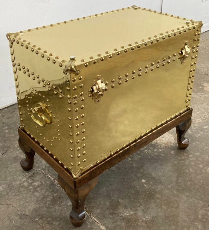 vintage riveted brass trunk on wood stand 2409