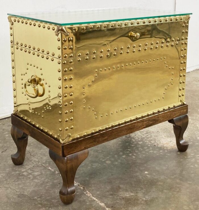 vintage riveted brass trunk on wood stand 8128