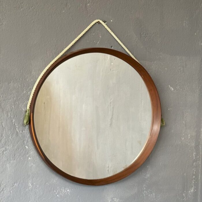 vintage round mirror with teak frame 1960s 1