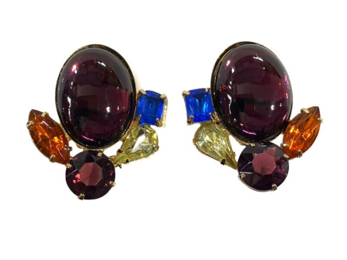 vintage schreiner style rhinestones amethyst sapphire and citrine glass clip on earrings 0000