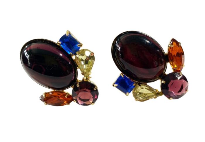 vintage schreiner style rhinestones amethyst sapphire and citrine glass clip on earrings 0481