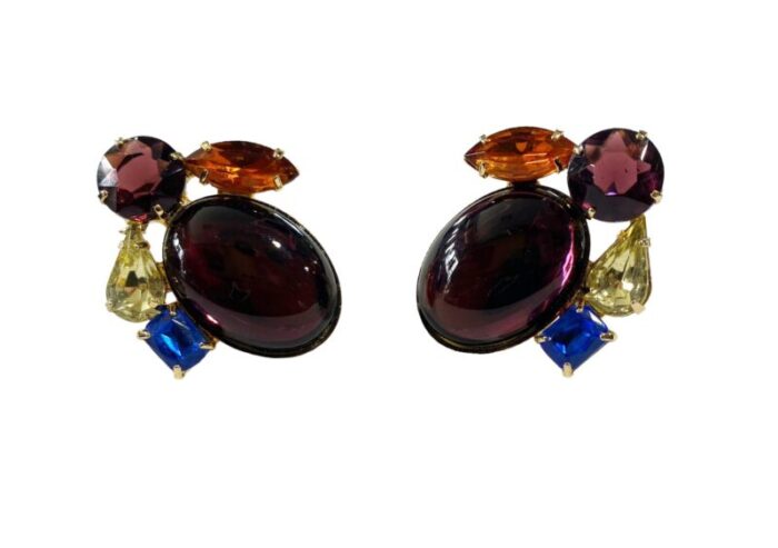 vintage schreiner style rhinestones amethyst sapphire and citrine glass clip on earrings 3258