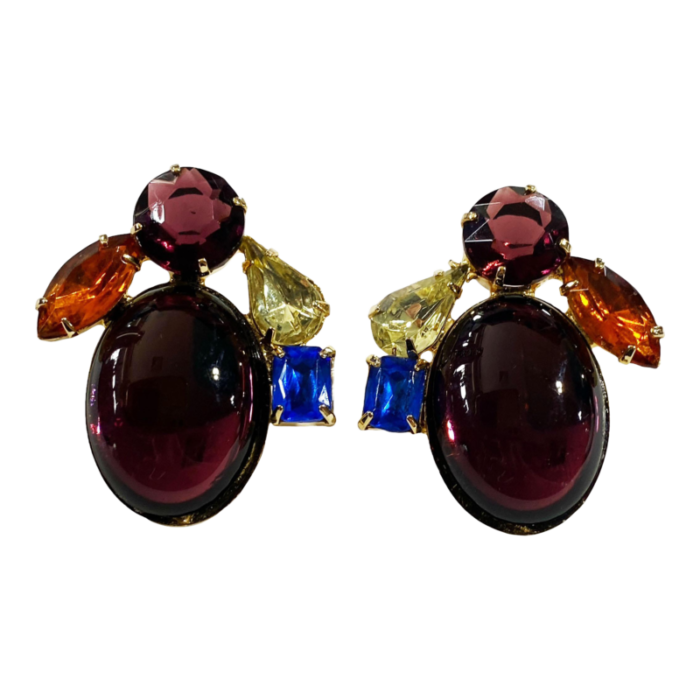 vintage schreiner style rhinestones amethyst sapphire and citrine glass clip on earrings 5783